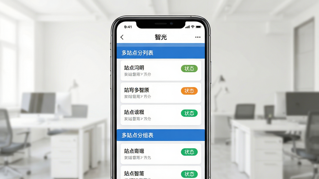 主体为手机屏幕展示“智光”软件的多站点分组列表,列表项带有站点名称与状态标签;布局为手机居中,背景为浅色办公环境虚化;排版列表整齐,分组标题突出;风格为清爽商务风;细节上文字清晰,标签颜色区分明显;画质高清,干净,无多余元素
