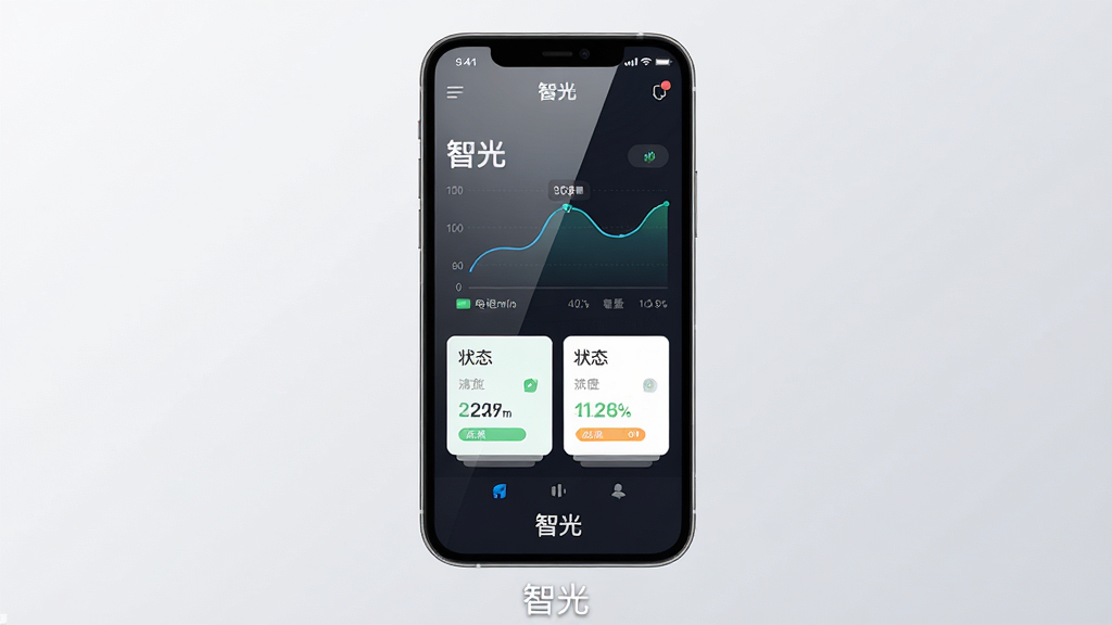主体为一部智能手机,屏幕中显示“智光”软件的数据仪表盘界面,包含电池电量曲线与状态卡片;布局上手机居中,背景为浅灰色渐变;排版简洁,手机下方有“智光”文字标识;风格为现代科技感扁平设计;细节上屏幕反光自然,图标清晰;画质高清,干净,无多余元素