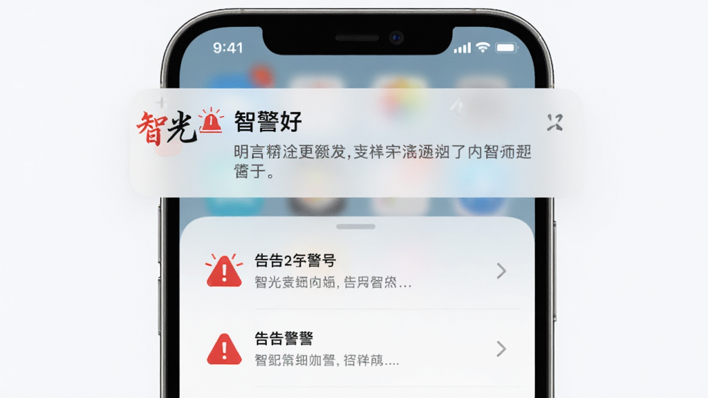 主体为手机弹出通知界面,通知内容带有“智光”标识与红色告警图标;布局为手机屏幕特写居中;排版上方为通知卡片下方为告警列表;风格为简洁明快的移动端UI风格;细节上通知文字清晰,图标醒目;画质高清,干净,无多余元素