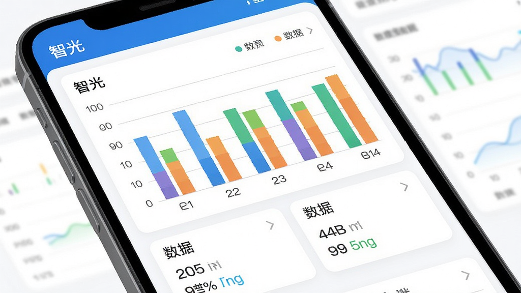 主体为手机屏幕显示“智光”软件的月度数据报表页面,包含柱状图与数据汇总卡片;布局为手机居中,屏幕内容占画面主要部分;排版图表在上数据在下;风格为现代数据可视化风格;细节上柱状图颜色分明,数字清晰;画质高清,干净,无多余元素