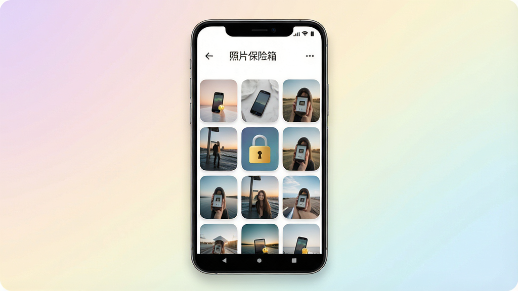 一张竖版手机界面展示图,主体是一部居中摆放的安卓手机,屏幕内呈现“照片保险箱”应用主界面,布局为顶部标题栏加九宫格相册缩略图,中间悬浮一把金色小锁图标,排版干净留白充足,风格为现代扁平化科技感,细节包括柔和渐变背景、圆角卡片、细微投影,画质高清,画面干净,无多余元素