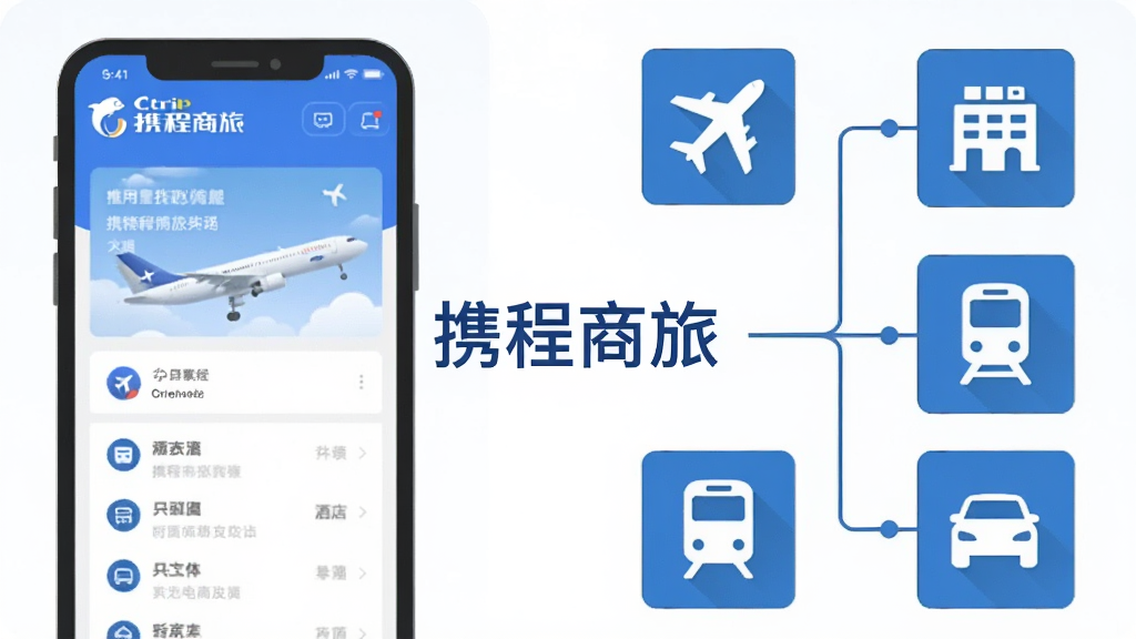 一张扁平化插画,画面左侧是携程商旅应用界面,右侧用连线连接飞机、酒店、火车、汽车四个图标模块,中间以