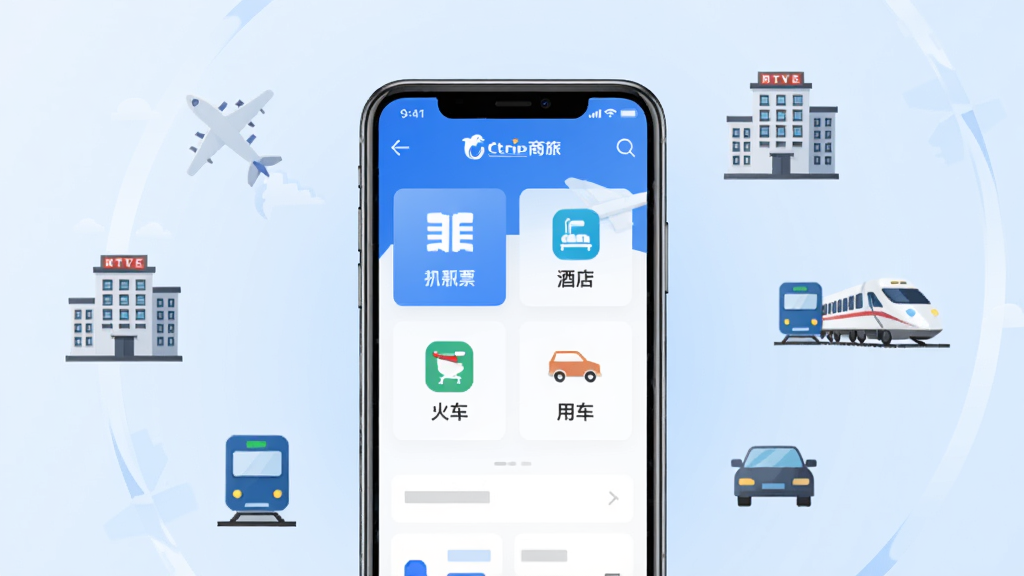 画面中央是一部竖屏智能手机,屏幕上显示携程商旅应用首页界面,包含机票、酒店、火车票、用车等图标入口,手机后方以浅蓝色渐变背景衬托,周围环绕飞机、酒店建筑、列车、汽车等扁平化小图标,整体采用简洁商务风格,配色以蓝白为主,细节清晰,画质干净明亮,无多余元素