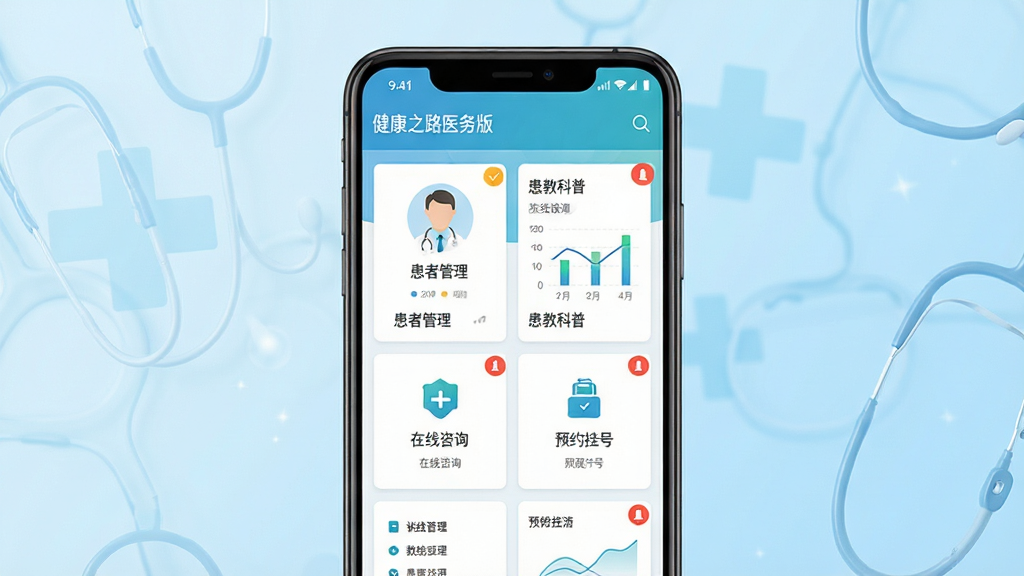 健康之路医务版手机应用界面展示,主体为一部竖屏安卓手机,屏幕上显示医护工作台首页,包含患者管理、患教科普、在线咨询、预约挂号等模块卡片,布局为居中手机正面展示,背景为浅蓝色医疗风格渐变,风格简洁专业清爽,细节包含医生头像、数据图表、消息提醒角标,画质高清,干净,无多余元素