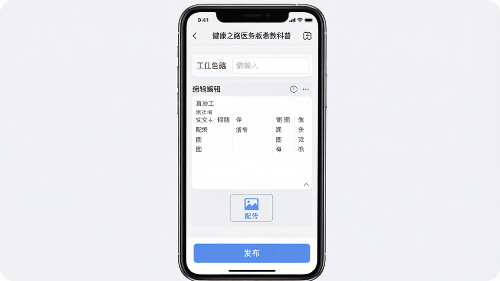 健康之路医务版患教科普编辑页面,主体为手机屏幕展示图文编辑界面,布局为手机正面居中,背景为干净的浅灰白色,风格现代简约,细节包含标题输入框、正文编辑区、配图上传按钮、发布按钮,画质高清,干净,无多余元素