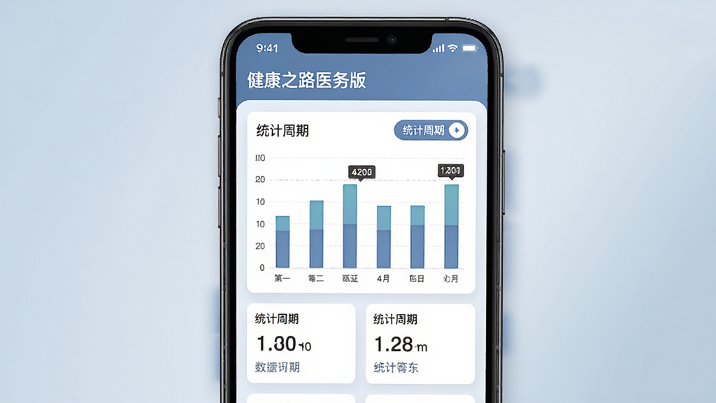 健康之路医务版数据统计页面,主体为手机屏幕展示柱状图与数据卡片,布局为手机正面居中,背景为浅蓝灰渐变,风格商务简洁,细节包含数据图表、数值标签、统计周期切换按钮,画质清晰,干净,无多余元素