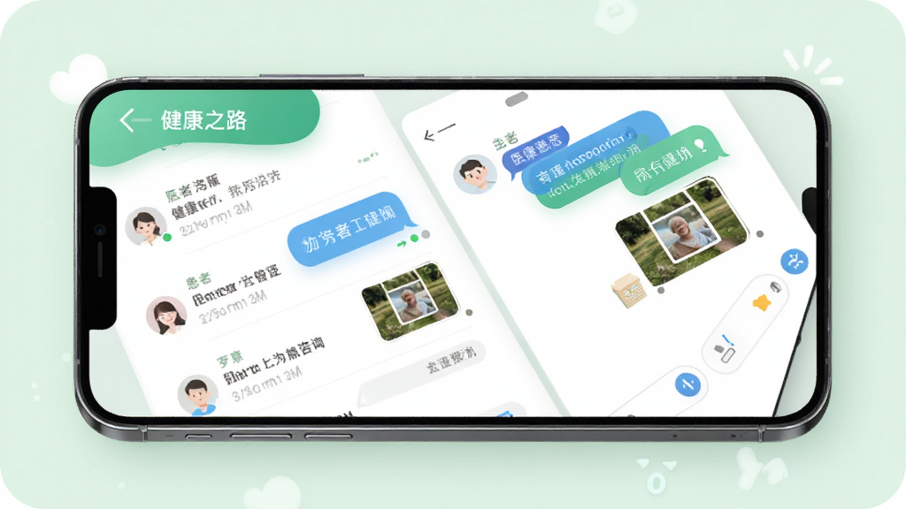 健康之路医务版在线咨询聊天界面,主体为手机屏幕显示医患对话列表与聊天窗口,布局为手机侧放展示,背景为浅绿色柔和色调,风格清新友好,细节包含消息气泡、患者头像、图片缩略图、输入框,画质清晰,干净,无多余元素