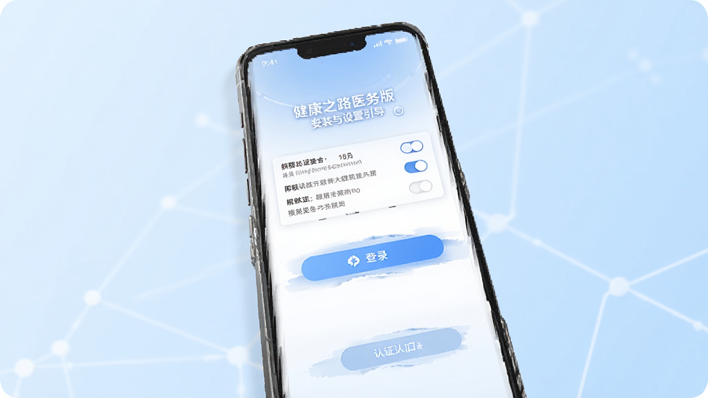 健康之路医务版安装与设置引导界面,主体为手机屏幕展示权限设置与登录页面,布局为手机正面居中稍倾斜,背景为浅蓝色渐变,风格清爽科技感,细节包含权限开关列表、登录按钮、认证入口,画质高清,干净,无多余元素