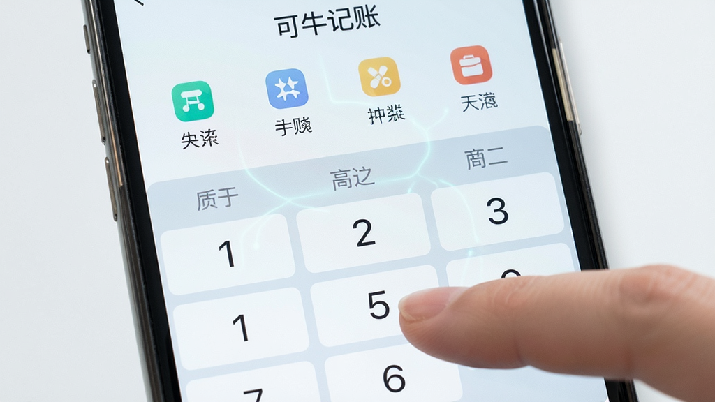 主体为可牛记账App的快速记账界面,手指正在点击数字键盘;布局为手机屏幕特写占据画面主体;排版为界面元素居中呈现;风格为现代简约科技风;细节为浅色界面、数字键盘高亮、分类图标排列整齐,屏幕中文字显示“可牛记账”;画质清晰,画面干净,无多余元素