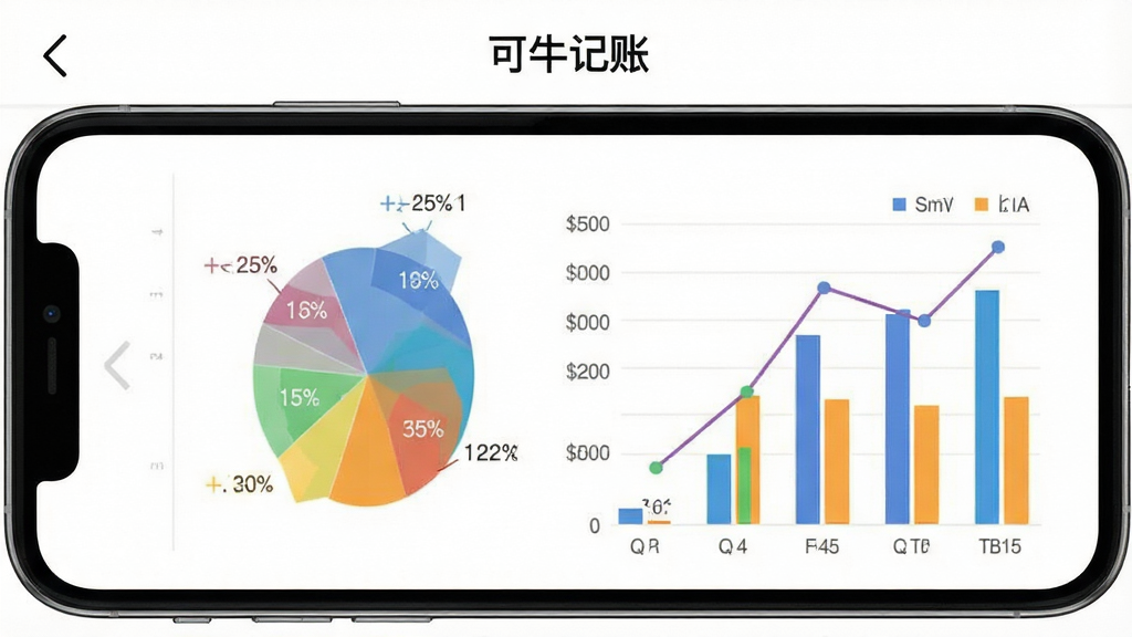 主体为可牛记账App的统计图表页面,展示饼图与柱状图;布局为手机屏幕正面展示,图表位于画面中央;排版为上下结构,上方标题下方图表;风格为数据可视化简洁风格;细节为彩色图表分区清晰、数据标签可读,屏幕中文字显示“可牛记账”;画质高清,画面干净,无多余元素