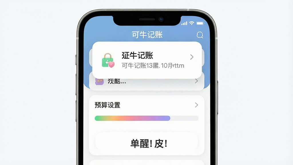 主体为可牛记账App的预算设置与提醒界面,显示进度条与提醒弹窗;布局为手机屏幕居中,弹窗浮于界面上方;排版为界面元素层次分明;风格为柔和圆角卡片风格;细节为进度条颜色渐变、提醒文字清晰,屏幕中文字显示“可牛记账”;画质清晰,画面干净,无多余元素