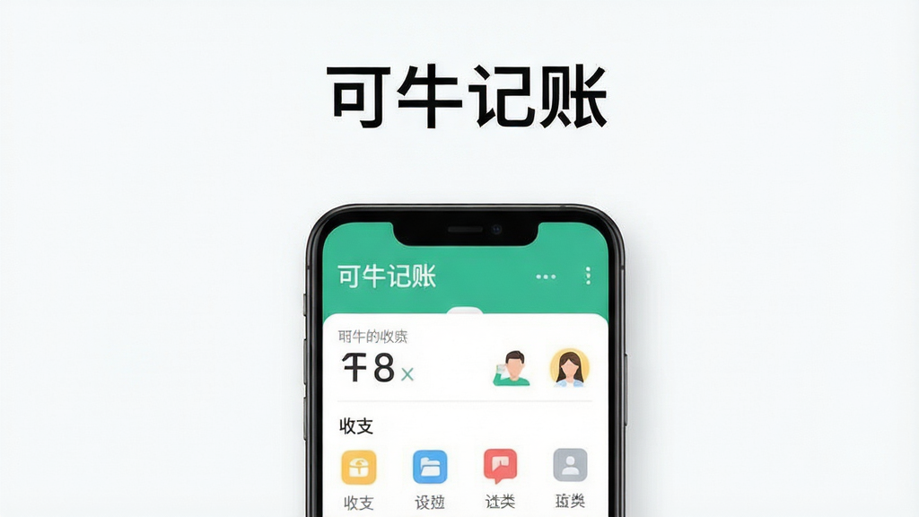 主体为一部竖屏安卓手机,屏幕中显示可牛记账App的记账首页界面,有收支数字与分类图标;布局为手机居中放置,四周留白;排版为上方留出标题区域,下方展示手机;风格为清爽扁平化UI展示风格;细节为浅色背景、柔和阴影、界面元素清晰可辨,屏幕中文字显示“可牛记账”;画质高清,画面干净,无多余元素