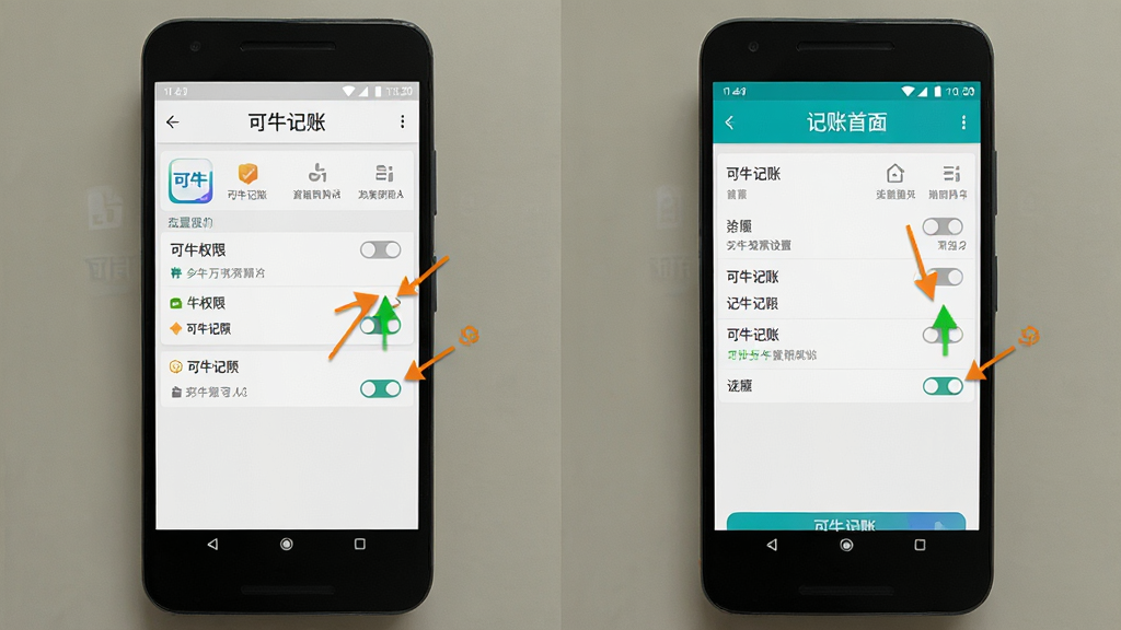 主体为可牛记账App在安卓手机上的安装权限设置界面与记账首页并排展示;布局为左右双手机对比;排版为左安装设置右记账界面;风格为教程图解风格;细节为界面清晰、标注箭头指向权限开关,屏幕中文字显示“可牛记账”;画质高清,画面干净,无多余元素