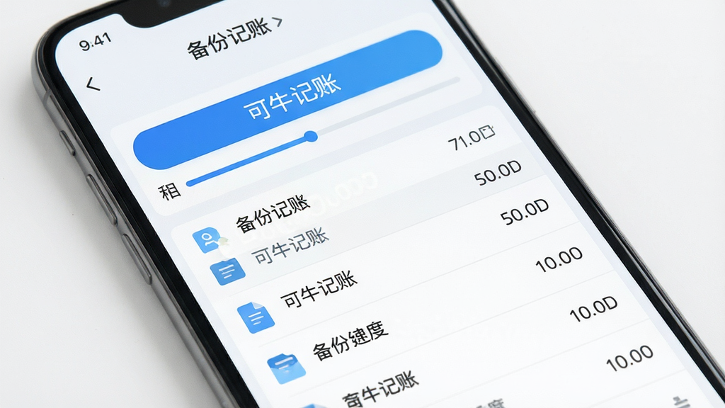 主体为可牛记账App的数据备份与导出界面,显示备份进度与文件列表;布局为手机屏幕正面展示;排版为列表式布局;风格为清爽浅色商务风;细节为备份按钮醒目、文件条目排列整齐,屏幕中文字显示“可牛记账”;画质高清,画面干净,无多余元素