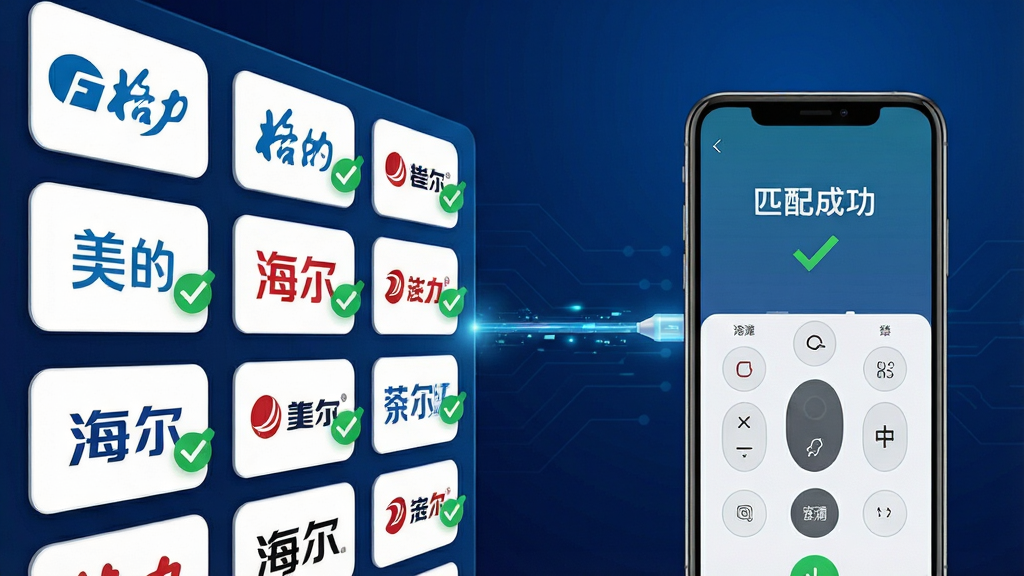 画面左侧是一列整齐排列的空调品牌图标墙,包含“格力”“美的”“海尔”等中文标识,右侧一部手机屏幕显示“匹配成功”提示和空调遥控界面,中间用发光数据线连接,背景为深蓝色渐变科技风格,布局左中右三段式,细节突出品牌图标和绿色对勾标记,画质干净锐利,无多余装饰元素