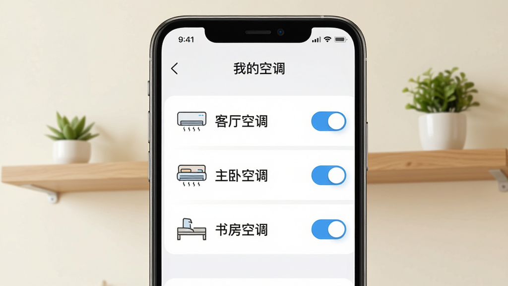 手机屏幕显示“我的空调”列表页面,列表中有“客厅空调”“主卧空调”“书房空调”三个条目,每个条目左侧有空调小图标,右侧有开关按钮,背景为米白色墙面和木质搁板,搁板上放着小绿植,整体风格清新居家,布局手机居中,细节突出列表文字和图标,画质明亮干净,无多余元素