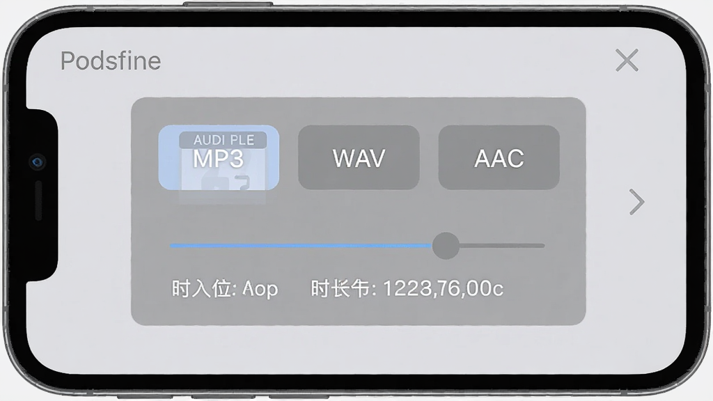 手机屏幕中显示音频导出面板,面板上排列着“MP3”“WAV”“AAC”等格式标签,下方有文件大小与时长信息,屏幕角落写有“Podsfine”,背景为浅灰色,界面风格清爽简约,扁平化设计,画质干净,无多余元素