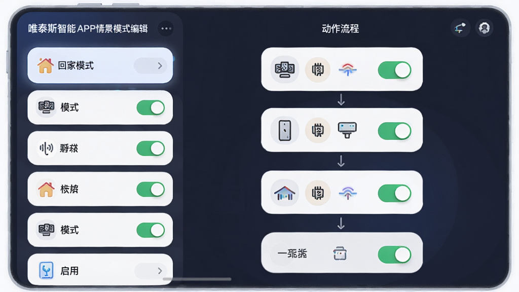 主体为唯泰斯智能APP情景模式编辑界面,布局为左侧模式列表、右侧动作流程展示,排版为纵向步骤式,风格为柔和圆角卡片设计,细节包括“回家模式”文字标签、设备动作图标、启用开关,画质高清、干净、无多余元素