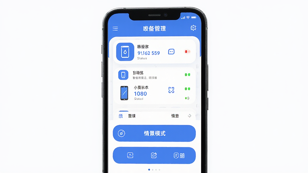 主体为一部智能手机,屏幕显示唯泰斯智能APP的设备管理界面,布局为居中构图,上方是设备卡片列表,下方是情景模式按钮,排版整洁有序,风格为现代科技感扁平化设计,细节包括蓝白配色、圆角图标、设备状态指示灯,画质高清、干净、无多余元素