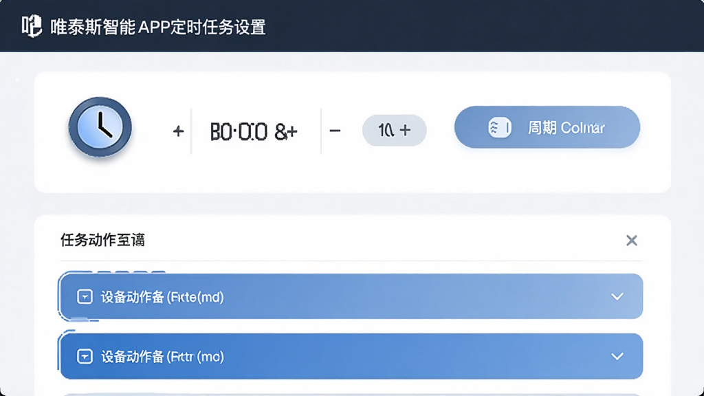 主体为唯泰斯智能APP定时任务设置页面,布局为上方时间选择器、下方任务动作列表,排版为表单式结构,风格为简约商务风,细节包括时钟图标、周期选择按钮、设备动作条目,画质高清、干净、无多余元素