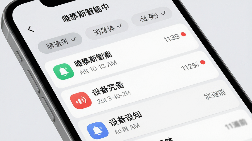 主体为唯泰斯智能APP消息通知中心界面,布局为消息列表纵向排列,上方为筛选标签,排版清晰,风格为浅灰质感设计,细节包括通知图标、时间戳、未读红点、设备名称文字,画质高清、干净、无多余元素