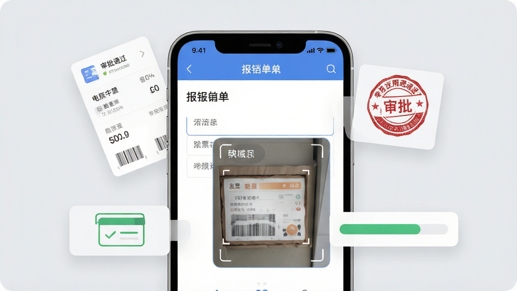 分贝通费用报销界面特写,手机屏幕展示报销单填写页与发票拍照识别框,周围悬浮电子发票、审批通过印章、进度条等图形元素,背景为浅灰办公色,风格清爽扁平,排版居中,细节清晰,画质干净,无杂乱装饰