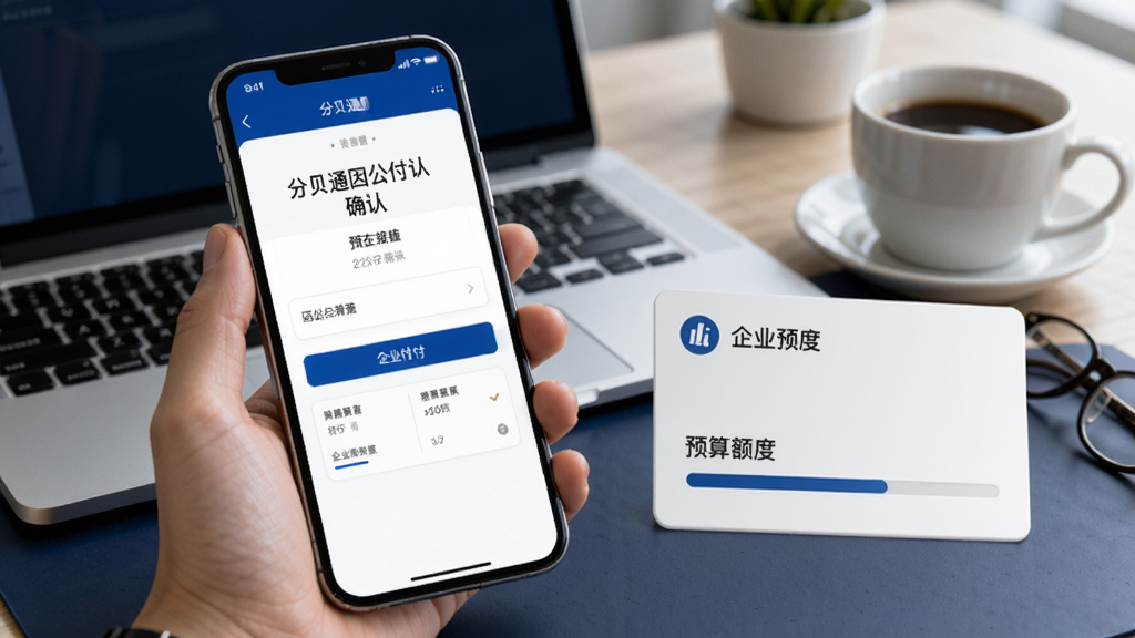 画面表现企业支付场景,一部手机屏幕显示分贝通因公付确认页面,旁边放置企业账户卡片与预算额度进度条,背景中有办公桌、笔记本电脑和咖啡杯,整体色调以深蓝与白色为主,风格写实简洁,布局左重右轻,细节清晰,画质干净
