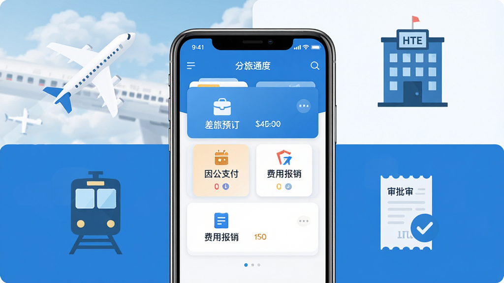 画面中央放置一部智能手机,屏幕显示分贝通应用主界面,包含差旅预订、因公支付、费用报销等卡片式功能入口,手机后方以扁平化图标环绕呈现飞机、酒店、火车、发票、审批等元素,整体采用蓝白商务配色,布局居中对称,风格简洁现代,细节清晰,画质干净,无多余元素