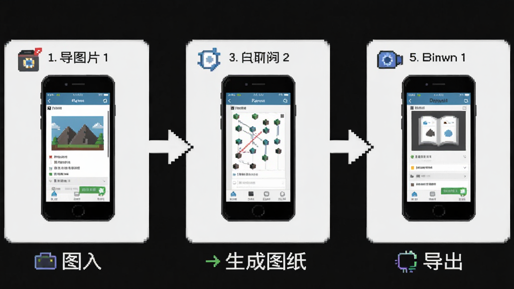 画像素新手操作流程图,画面展示从导入图片到生成图纸再到导出的三个步骤示意,用箭头连接,每个步骤配有手机界面缩略图,布局为横向流程图,风格为扁平化信息图,细节包含步骤编号与图标,画质清晰,干净,无多余元素