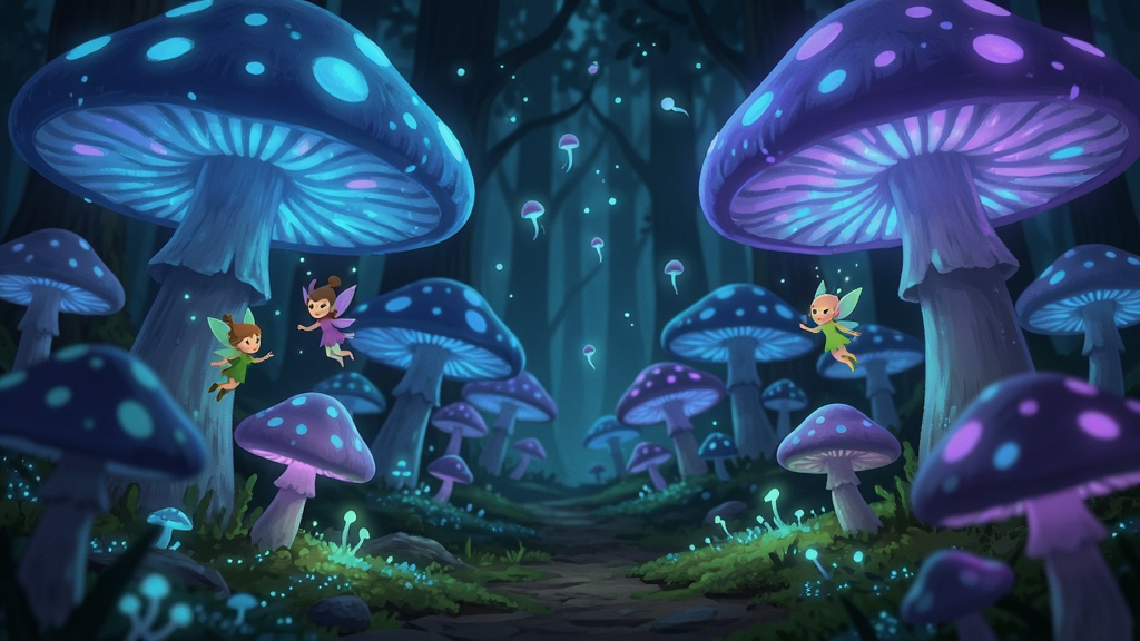 魔法森林大作战中的荧光蘑菇林场景,画面主体是一片散发着蓝紫色光芒的巨大蘑菇群,蘑菇伞盖下有小巧的森林精灵在飞舞,布局为纵深透视的森林小径构图,风格为梦幻童话插画风,细节包括蘑菇表面的荧光斑点、地面上的发光苔藓和空中飘浮的孢子颗粒,画质细腻,画面干净,无多余元素