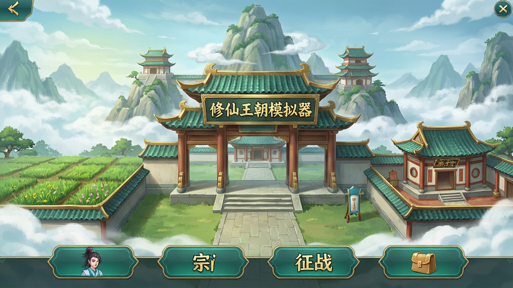 修仙王朝模拟器游戏主界面,画面中央是一座云雾缭绕的仙山宗门建筑群,山门牌匾上书“修仙王朝模拟器”六个金色大字,左右两侧分别是灵田与炼丹房,画面下方排列着弟子、宗门、征战、背包四个功能按钮,整体采用青绿与鎏金配色,国风仙侠插画风格,布局清晰对称,细节丰富,高清画质,画面干净整洁,无多余装饰元素