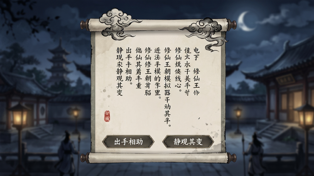 修仙王朝模拟器随机事件弹窗界面,画面中央是一个卷轴样式的对话框,卷轴上方绘有水墨风格的云纹装饰,对话框内以竖排文字呈现一段修仙剧情描述,下方有两个选项按钮分别写着“出手相助”与“静观其变”,背景是模糊的宗门夜景,国风水墨风格,排版古朴雅致,细节细腻,画质清晰,画面干净无多余元素