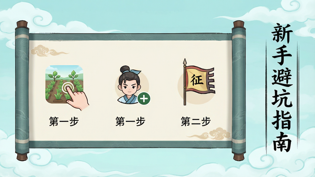 修仙王朝模拟器新手引导界面,画面以卷轴展开的形式展示三步操作指引,第一步图标为手指点击灵田,第二步图标为弟子头像加号,第三步图标为征战旗帜,卷轴右侧竖排书写“新手避坑指南”五个字,背景为淡青色云雾,国风简约插画风格,排版清晰,细节干净,画质高清,无多余装饰