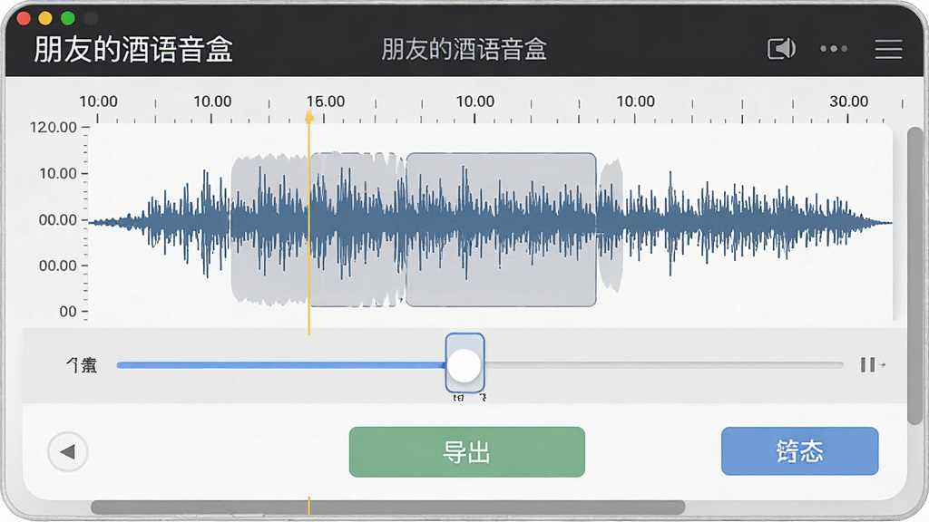 一张展示手机铃声制作流程的图片,画面中“朋友的酒语音盒”软件界面显示音频波形与截取滑块,用户正在拖动选择片段,下方有导出按钮,整体布局直观,风格简洁实用,细节包含时间刻度与操作按钮,画质清晰干净,无多余元素
