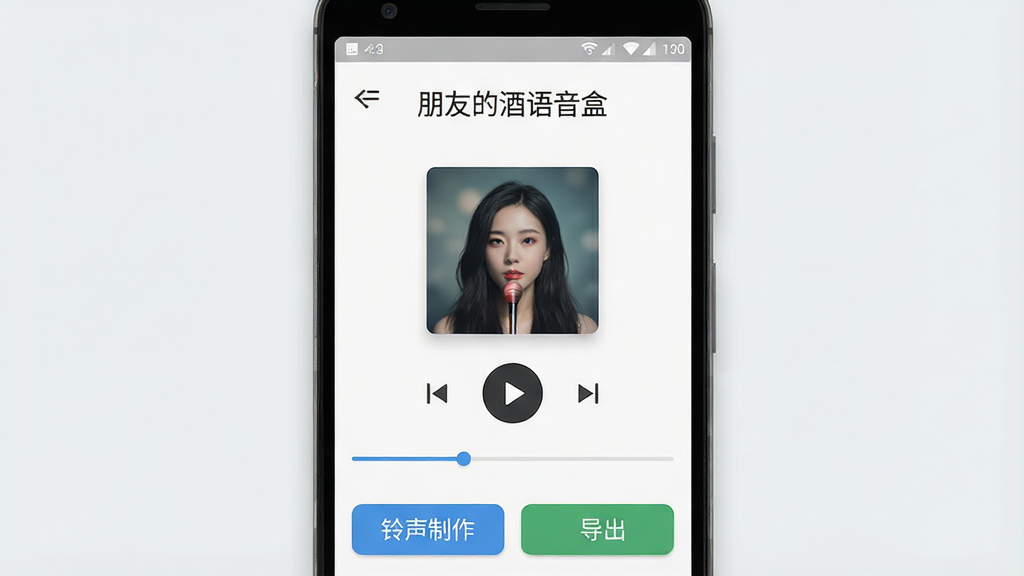 一张展示安卓手机屏幕的图片,屏幕中央显示“朋友的酒语音盒”软件主界面,界面顶部有软件名称文字,中部为歌曲封面与播放按钮,底部为铃声制作与导出功能按钮,整体布局清晰,风格简洁现代,细节包含图标、进度条与功能菜单,画质清晰干净,无多余元素