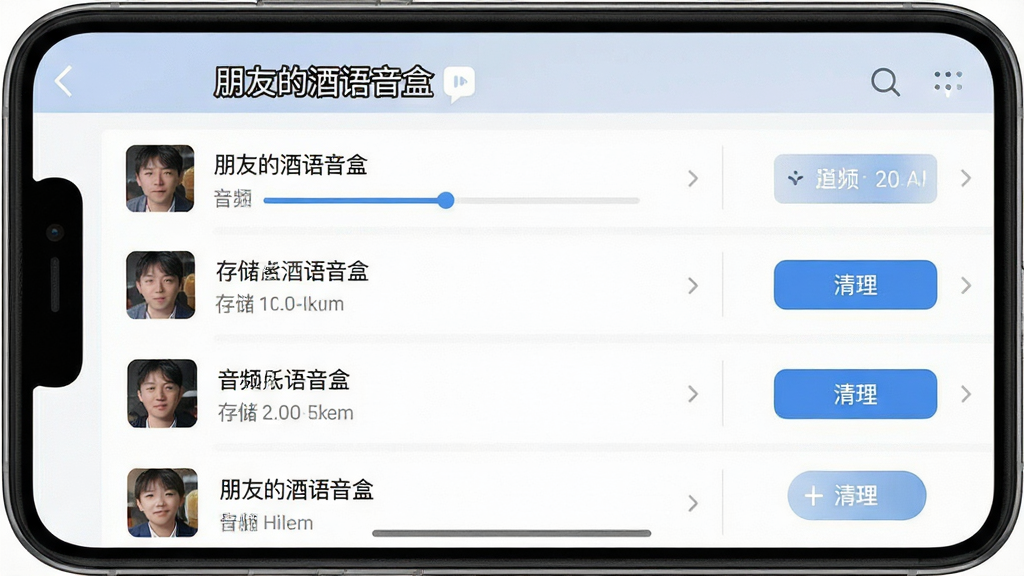 一张展示手机离线缓存管理页面的图片,画面中“朋友的酒语音盒”界面列出已缓存的音频条目与存储占用信息,配有清理按钮,整体布局清晰,风格简约商务,细节包含进度标识与操作按钮,画质清晰干净,无多余元素