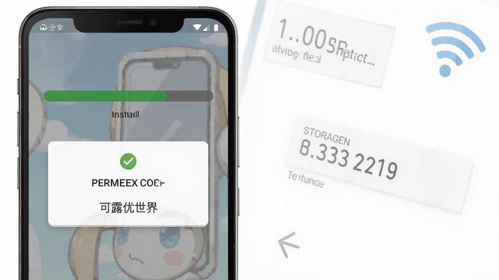 可露优世界安卓手机安装界面,画面展示手机屏幕上的安装进度条与权限确认弹窗,旁边有存储空间提示与WiFi图标,整体为简洁扁平化风格,布局清晰,细节明确,画质高清,干净无多余元素