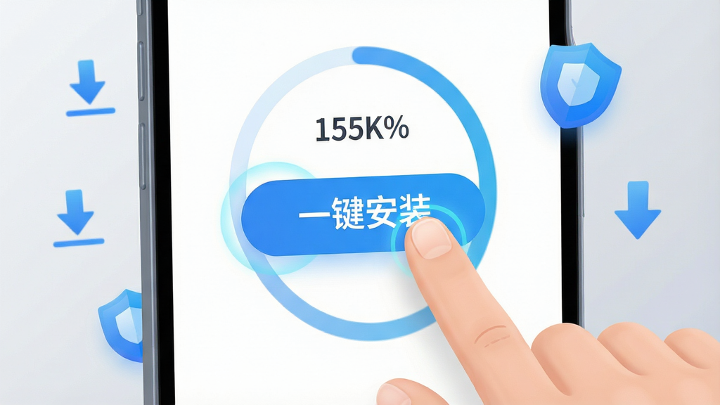 主体为一只手点击手机屏幕上的“一键安装”按钮,布局为特写视角,手机屏幕占据画面中心,排版突出按钮与进度环,风格为明亮清爽的UI插画风,细节包括按钮带有按压动效光晕、进度环显示百分比数字、背景为浅灰色渐变、周围漂浮着下载箭头与盾牌图标象征安全,画质为高清、干净、无多余元素