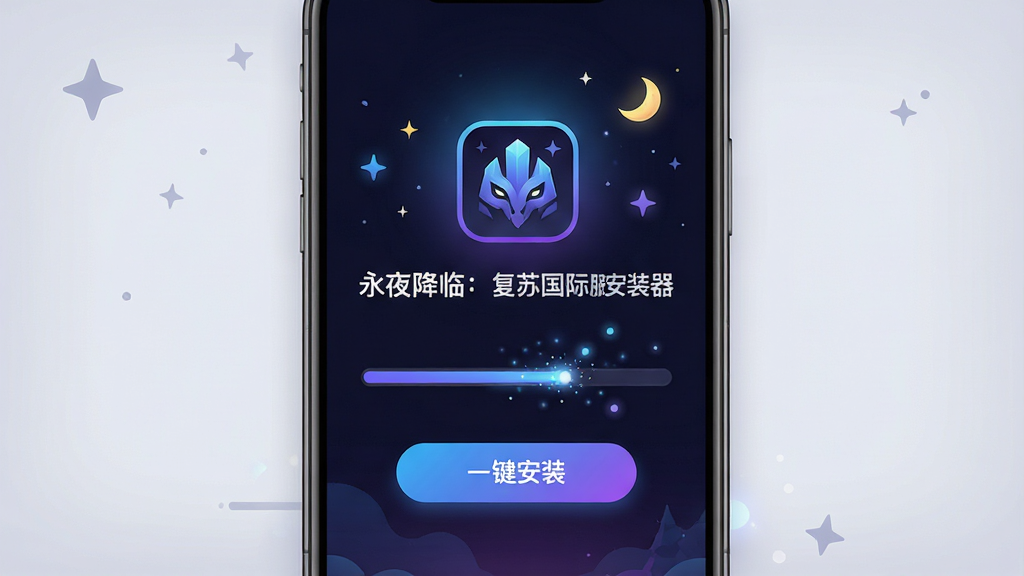 主体为一部智能手机屏幕显示“永夜降临:复苏国际服安装器”的安装界面,布局采用居中构图,上方为软件图标与名称,下方为安装进度条与“一键安装”按钮,排版简洁清晰,风格为现代科技感扁平化设计,细节包括深色背景搭配蓝紫色渐变光效、进度条带有微光粒子、周围点缀暗夜主题的星点与月牙元素,画质为高清2K、干净无多余元素、界面文字清晰可读