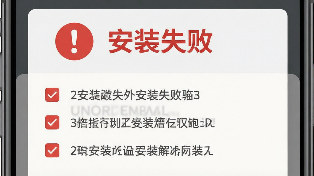 主体为手机屏幕显示安装失败的错误弹窗与解决步骤列表,布局为上下分层,上方为红色感叹号图标与“安装失败”标题,下方为三条编号解决步骤文字,排版清晰直观,风格为扁平化信息图风格,细节包括红色与灰色配色、步骤文字带勾选框图标、背景为浅色卡片式布局,画质为高清、干净、无多余元素