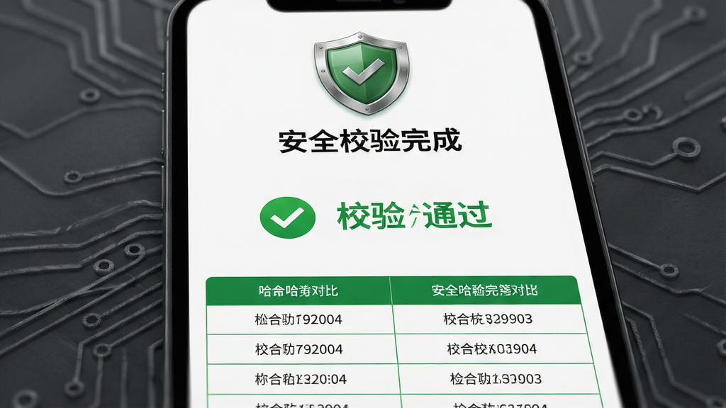 主体为手机屏幕显示“校验通过”的绿色对勾标识与文件哈希值列表,布局为上下结构,上方为盾牌图标与“安全校验完成”文字,下方为哈希值对比表格,排版整齐,风格为商务科技风,细节包括绿色主色调、盾牌带有金属质感、表格线条纤细、背景为深灰色磨砂质感,画质为高清、干净、无多余元素
