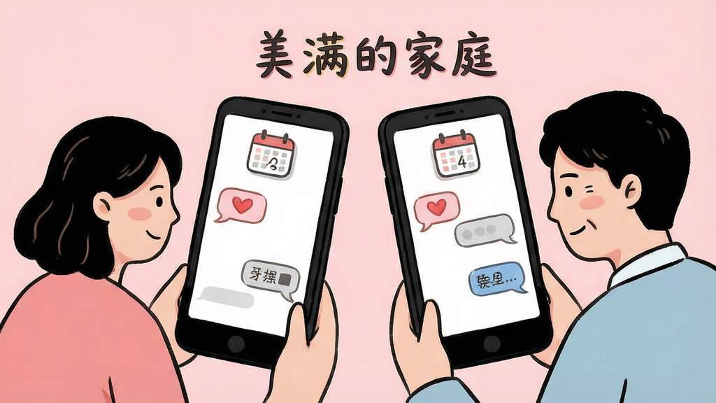 一张家庭成员互动场景的插画,画面中两位家庭成员隔着手机屏幕互相发送爱心和留言气泡,手机屏幕上方显示日历提醒图标,布局为左右对称,风格柔和手绘风,细节包括淡粉色背景和简洁线条,画质清晰干净,画面中带文字“美满的家庭”,无多余元素