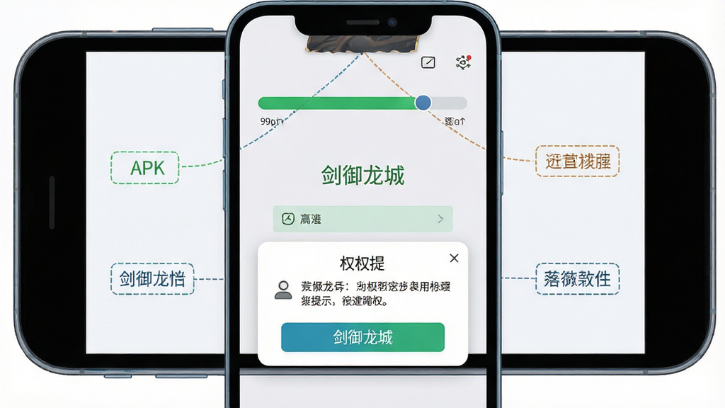 手机游戏安装步骤示意图,主体为手机屏幕显示APK安装界面,布局为单屏展示,排版上方为安装进度条,下方为权限提示弹窗,风格为扁平化教程插图风,细节包含手机边框、按钮高亮、文字说明框,画质高清,干净,无多余元素,画面中打文字“剑御龙城”