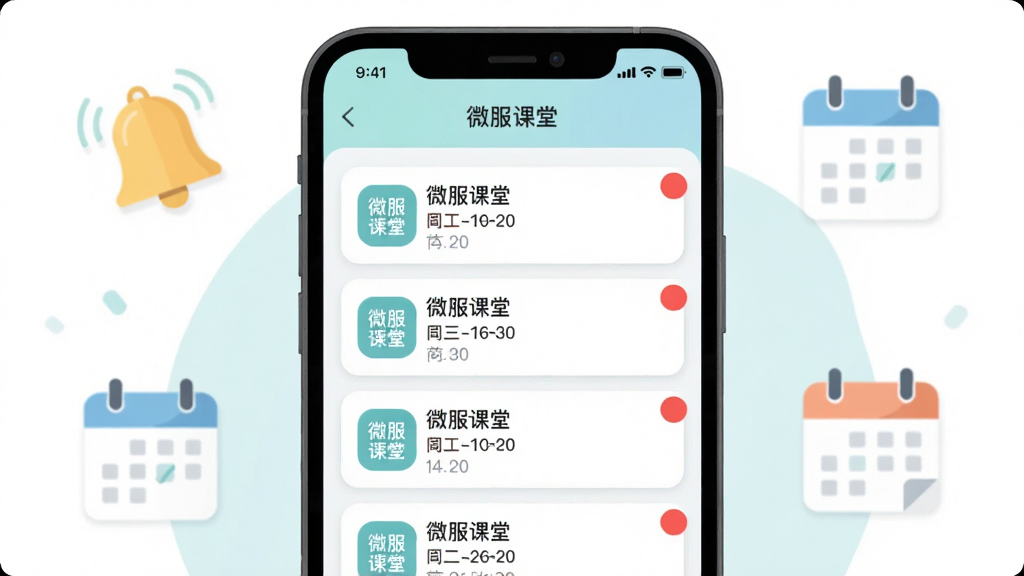 主体为“微服课堂”应用的消息通知中心界面示意图,手机屏幕内展示多条课程提醒卡片与红点角标;布局为手机正面居中,周围环绕简约的铃铛与日历图标作为装饰;排版上手机屏幕内容为视觉核心;风格为清新浅色系扁平插画;细节包括通知卡片上的“微服课堂”字样、时间戳、未读标记;画质高清、干净、无杂乱元素