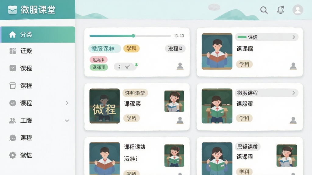 画面主体为“微服课堂”应用内的课程列表页面截图风格插画,左侧为分类侧边栏,右侧为课程卡片瀑布流;布局采用左右分栏构图,视觉重心在右侧卡片区;排版整齐有序,卡片间距均匀;风格为轻拟物扁平风;细节包括卡片上的进度条、学科标签、封面缩略图,文字标注“微服课堂”于顶部导航;画质高清、干净、无多余装饰元素