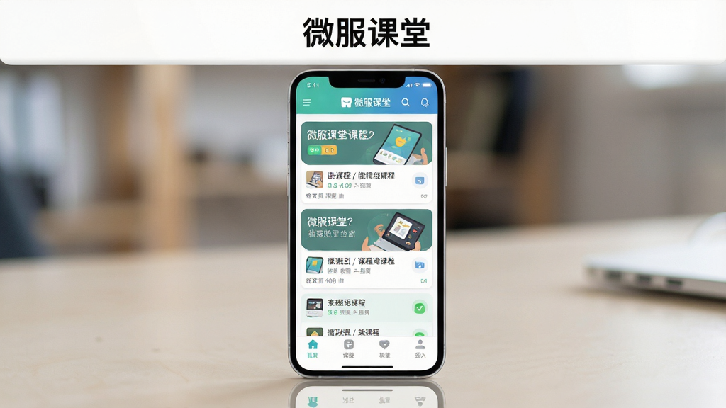 主体为一部竖屏安卓手机,屏幕内展示“微服课堂”应用首页界面,包含课程卡片列表与底部导航栏;布局为手机居中放置于浅色桌面,背景虚化处理;排版突出手机屏幕内容,上方留白处放置简洁标题区域;风格为清爽的现代扁平化UI展示风格;细节包括手机边框圆角、界面内文字清晰可辨、图标简洁、桌面有轻微反光;画质为高清2K、干净无多余元素