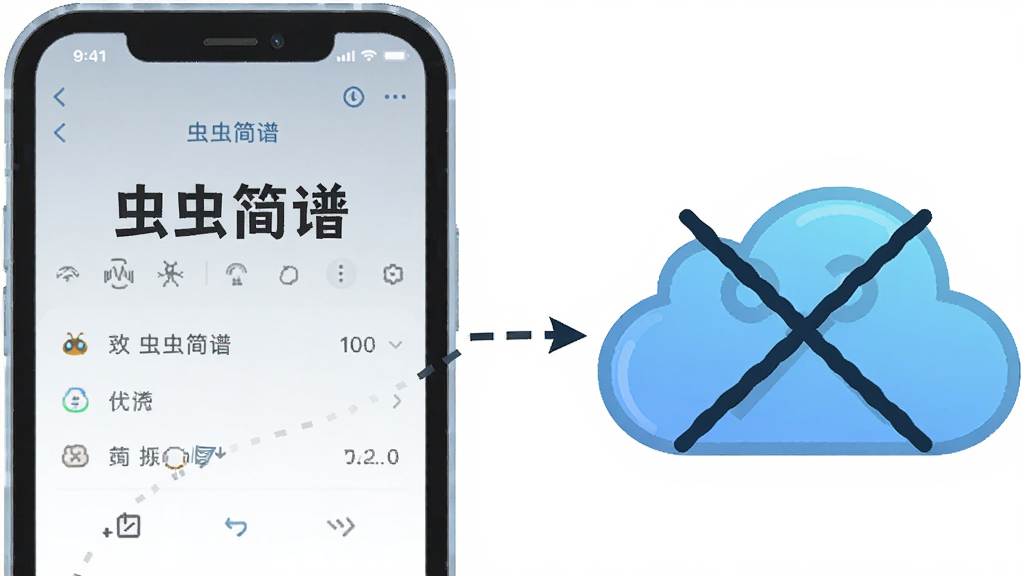 画面中央为一部手机与一个云朵图标之间用虚线连接,手机屏幕显示“虫虫简谱”离线编辑界面,云朵上打了一个斜杠表示无需网络,布局为左右对比构图,风格为简洁矢量插画,细节包括手机边框、云朵渐变与虚线箭头,画质干净清爽,无多余元素