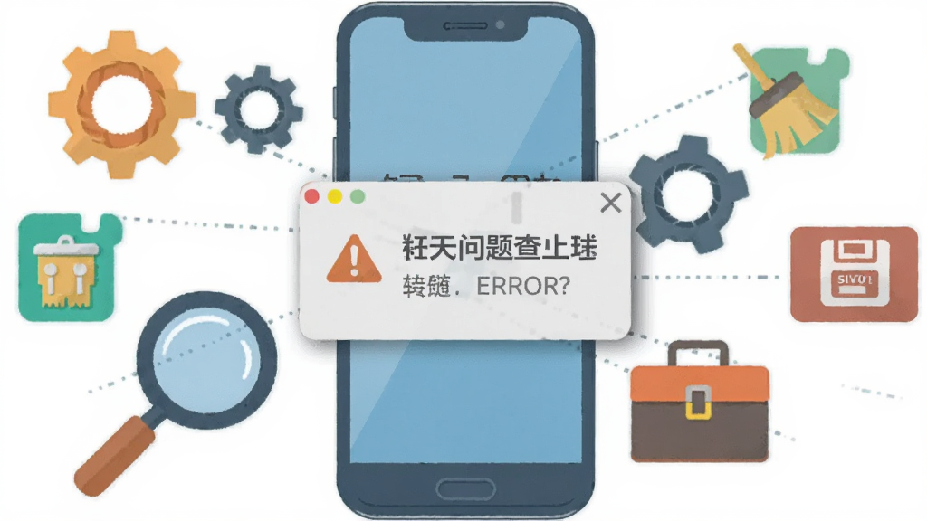 画面展示一部手机屏幕出现错误提示弹窗,旁边有放大镜与工具箱图标,手机周围环绕齿轮、缓存清理图标与保存按钮,布局为居中放射构图,风格为扁平化问题排查插画,细节包括弹窗阴影、工具纹理与警示色点缀,画质清晰干净,无多余元素