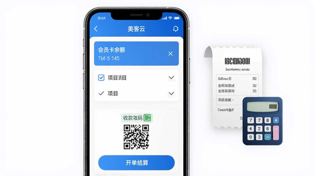 美客云智能收银功能界面,手机屏幕展示开单结算页面,页面中有会员卡余额、项目勾选、收款码等元素,旁边配以收银小票和计算器图标,整体风格清爽商务,蓝白配色,细节丰富,画质干净,无多余元素
