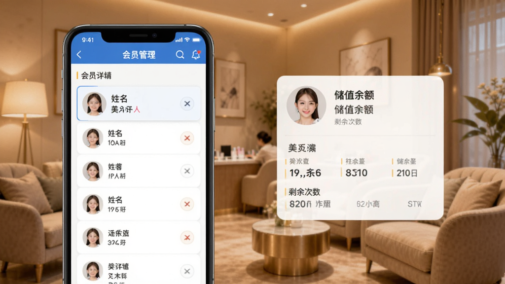 美客云会员管理页面,手机屏幕显示会员列表和会员详情卡片,卡片上有头像、姓名、储值余额、剩余次数等信息,背景为温馨的美容院休息区,柔和的暖色调,界面排版整齐,画质干净,无多余元素